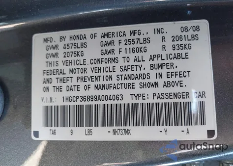 2009 Honda Accord 3.5 Ex-L from USA, damaged, VIN 1HGCP36899A004063